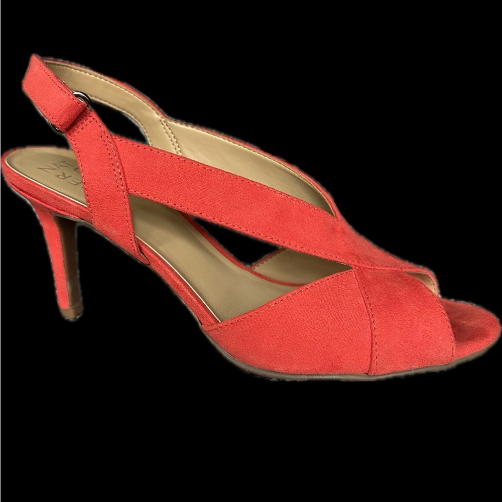 Naturalizer Papaya Red suede 3” heel Slingback, Velcro closure, size 8M
